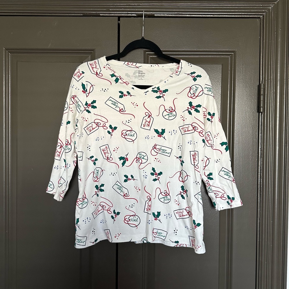 Kim Rogers Perfectly Soft Holiday Print Cotton Top — Size S
